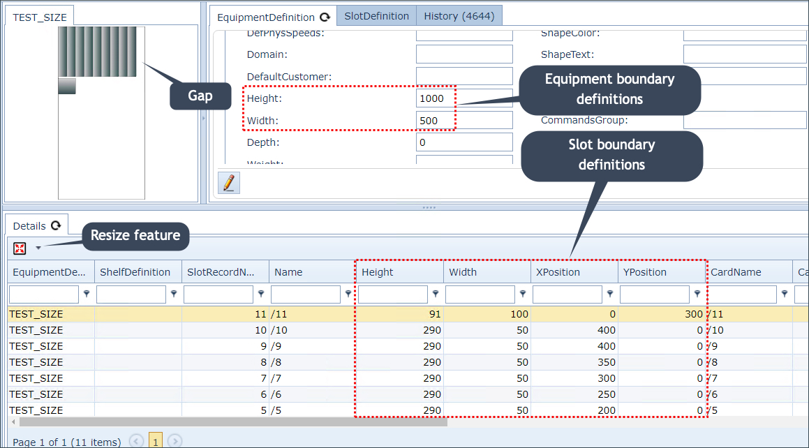 Equipment Definition showing equipment and slot boundary definitions and the Resize feature