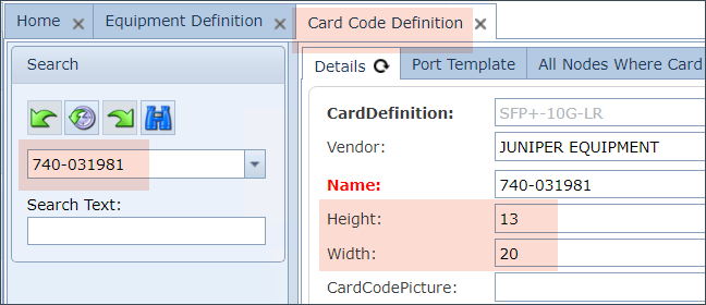 Example of a Card Code Definition's sizing dimensions